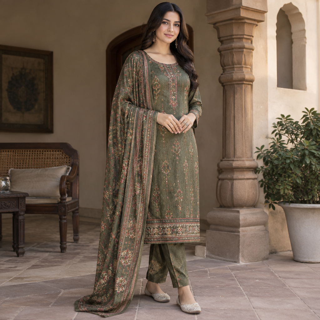 A Female Salwar Kameez design, suitable for Fall, in Casual style. India fashion aesthetics. Present it as professional fashion catalogue photography: the garment is the subject, shown full-length with editorial styling, neutral posing and tasteful, non-suggestive framing.
photorealistic fashion design, A Female Salwar Kameez design, suitable for Fall, in Casual style. India fashion aesthetics. Present it as professional fashion catalogue photography: the garment is the subject, shown full-length with editorial styling, neutral posing and tasteful, non-suggestive framing., casual style, just the design no text