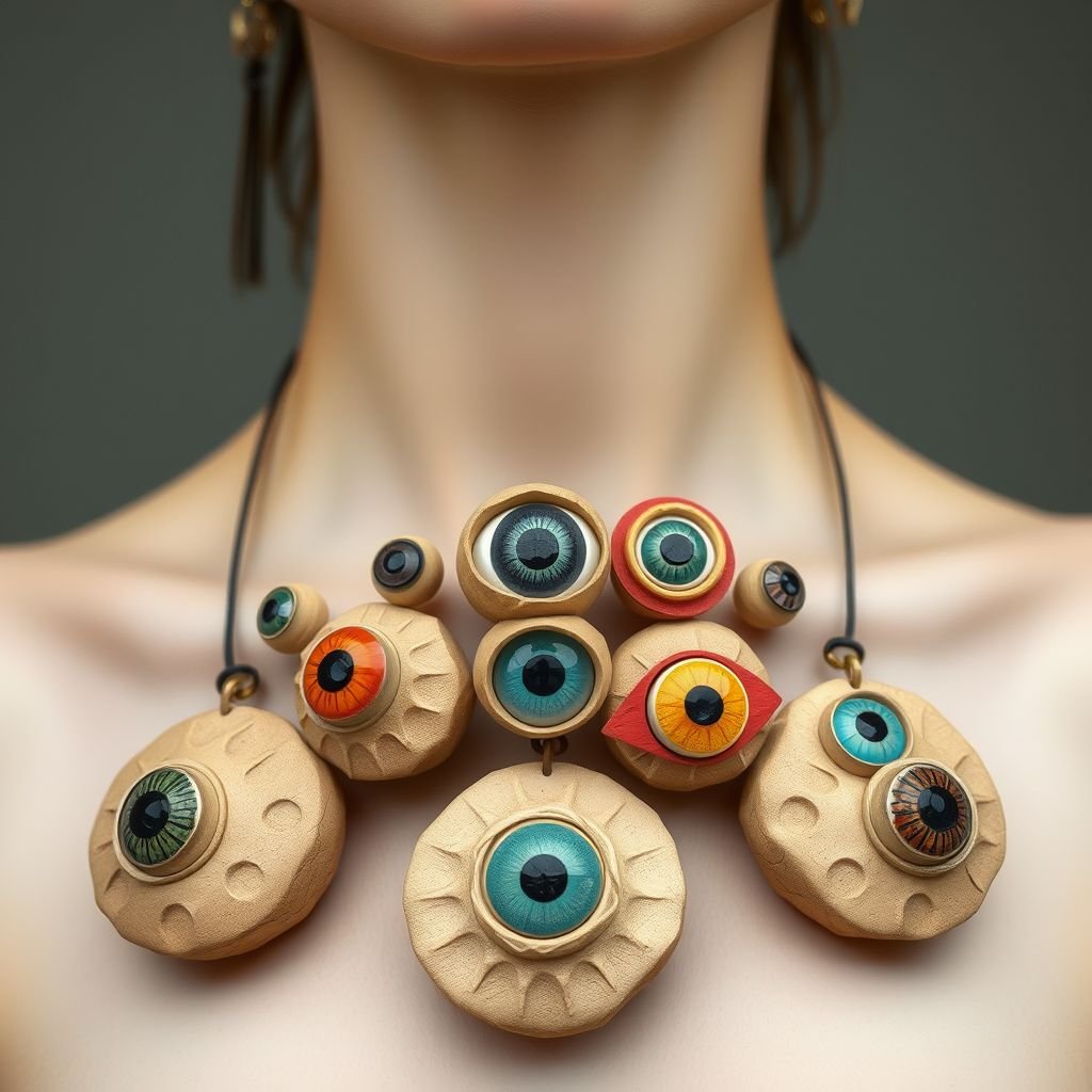 Minimal Papier-mâché necklaces with full of eyes
Envision a collection of minimalist necklaces crafted from delicate papier-mâché, each featuring an array of colorful, surreal eyes that seem to observe the world around them. The organic shapes are lightly textured, with whimsical designs in earthy hues. Perfect for avant-garde fashion enthusiasts seeking an eclectic statement piece that sparks curiosity.