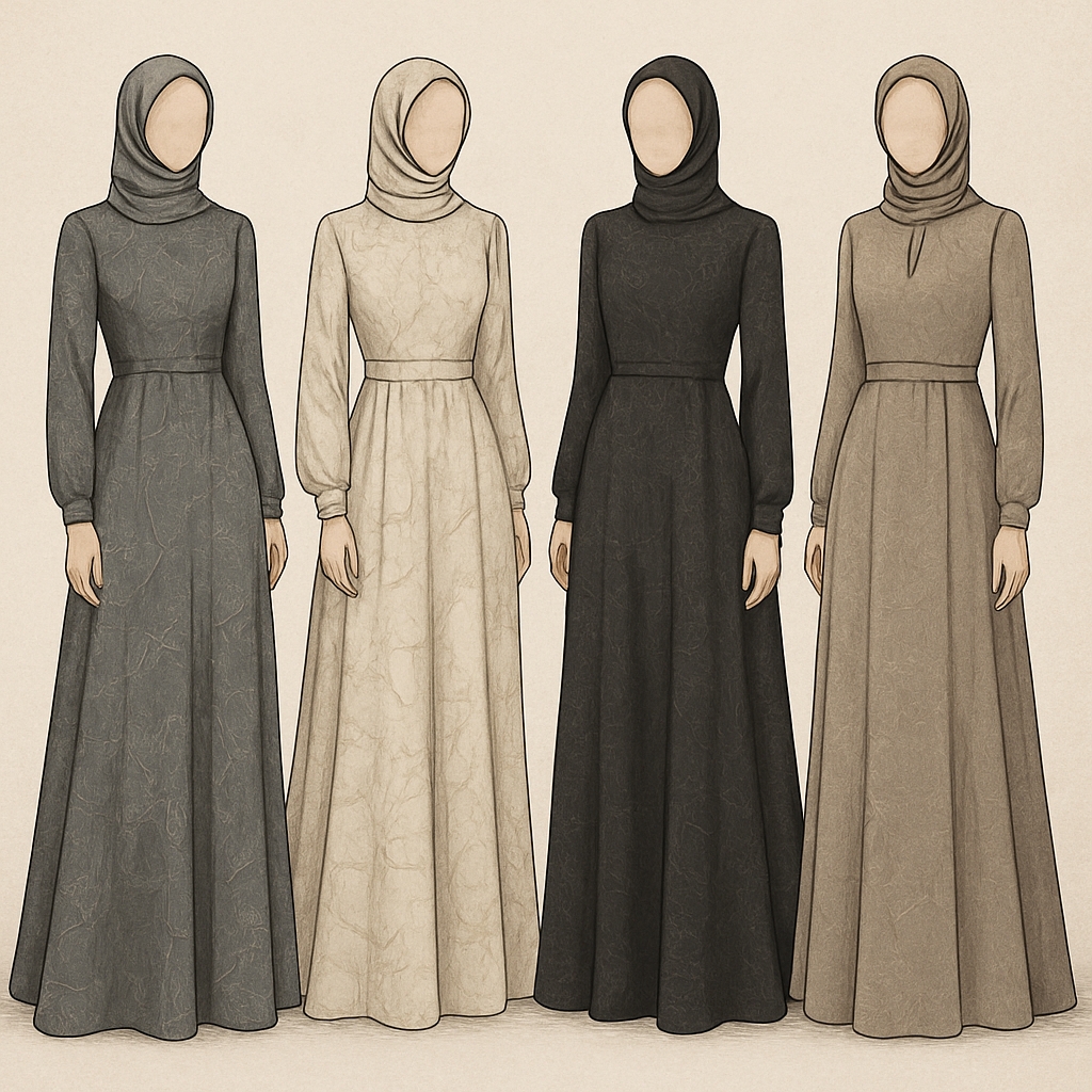 Create a modest dresses, the first of its kind, featuring a unique stone design that exudes a classy and sophisticated vibe. I'd like four designs, each showcasing different styles and fabrics. Incorporate high-end, unique chic stone designs to make them truly special. Add little sophisticated stone designs.

Create a modest dresses, the first of its kind, featuring a unique stone design that exudes a classy and sophisticated vibe. I'd like four designs, each showcasing different styles and fabrics. Incorporate high-end, unique chic stone designs to make them truly special. Add little sophisticated stone designs.