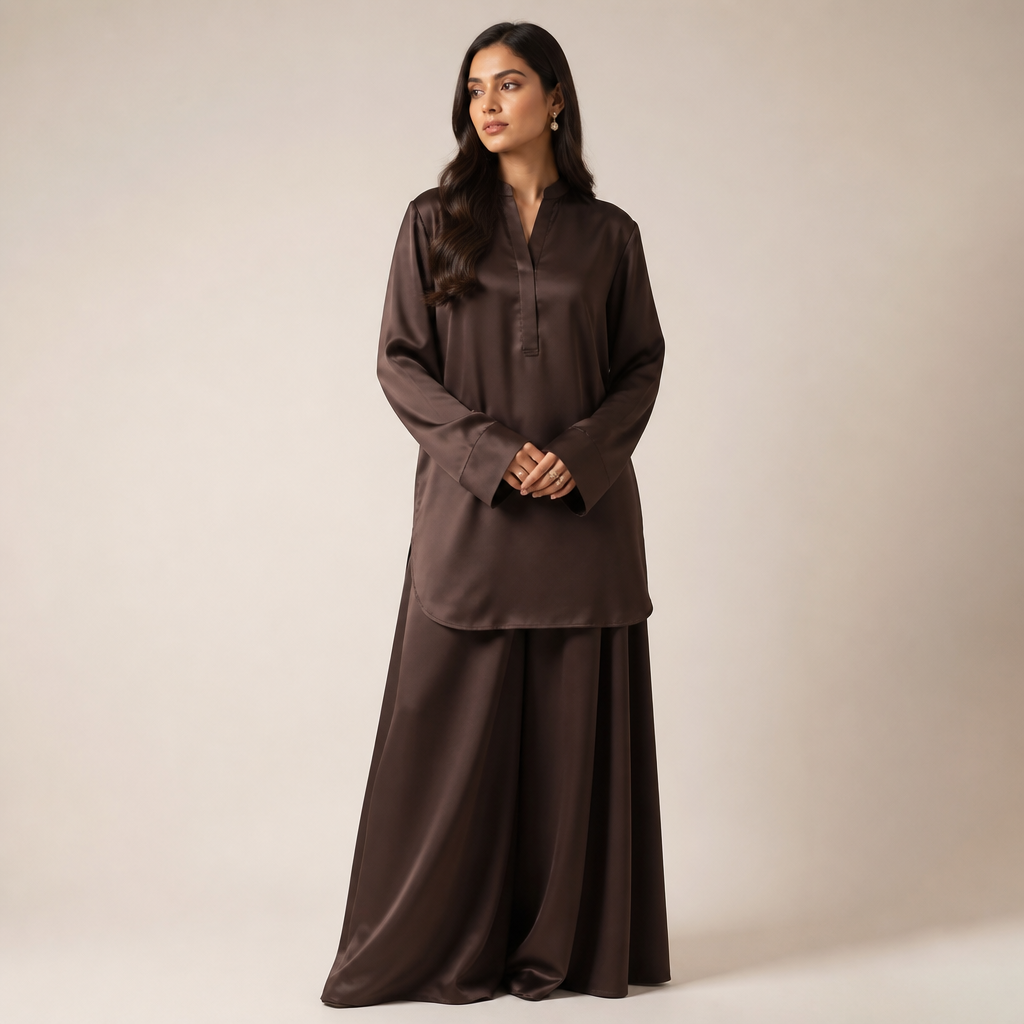 in Western style. with out women create fabric silk color choco brown 40 inch shirt full selvees that becomes at the joint of hand but not tight or not too.much losses and farshi shalwar and choose background plain that looks nice. Pakistan fashion aesthetics.
photorealistic fashion design, in Western style. with out women create fabric silk color choco brown 40 inch shirt full selvees that becomes at the joint of hand but not tight or not too.much losses and farshi shalwar and choose background plain that looks nice. Pakistan fashion aesthetics., western style, just the design no text