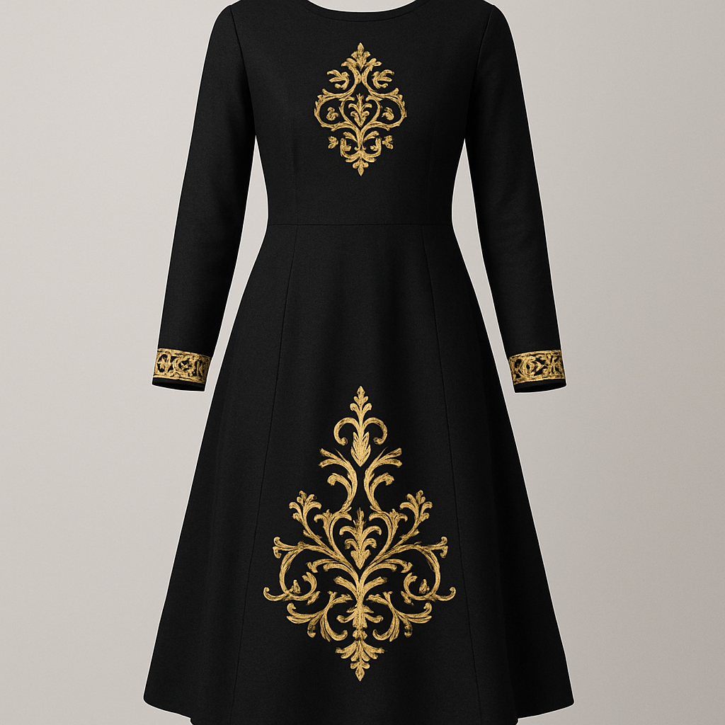 Embellishments: Features the mo "أنا وطني" and other texts embroidered with exquisite gold threadwork (Zari) on the chest and skirt.
Motif: The central pattern is rendered in intricate gold brocade or heavy hand-embroidery (Talli/Nakshi), reflecting traditional craftsmanship.
Details: Voluminous, long sleeves with gold-trimmed cuffs, and a modest neckline. The design fuses a modern modest silhouette with deep Saudi heritage using luxurious fabrics and royal gold accents.
Minimalist fashion design: Elegant dress: A-line silhouette, cotton, black. Gold embroidery on chest and skirt. Long sleeves with gold cuffs, modest neckline. Simple gold brocade pattern.