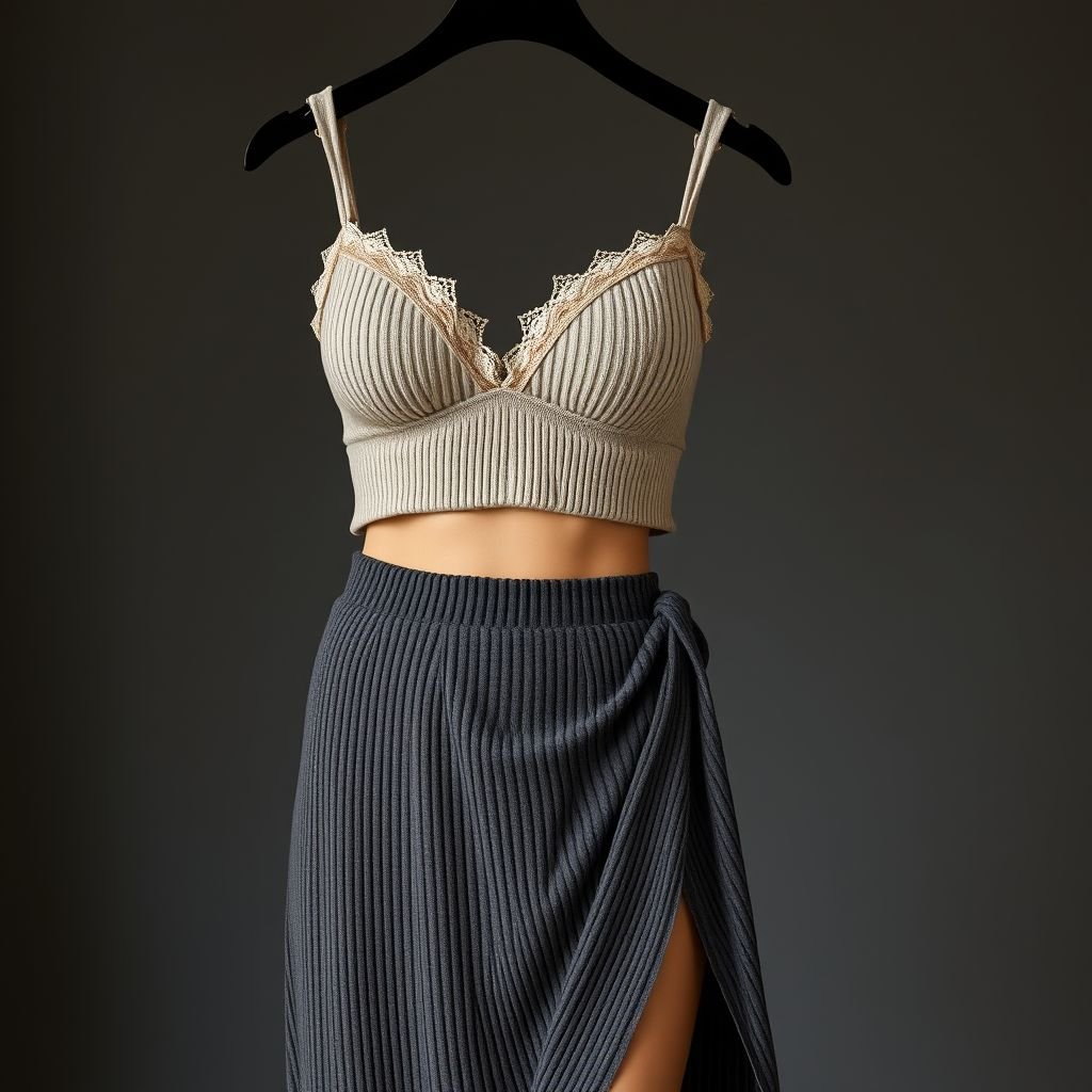 Soft ribbed knit bralette + midi skirt set • Colors: Taupe, Charcoal
Design a chic soft ribbed knit bralette and midi skirt set that exudes effortless elegance. The bralette features delicate lace trim, enhancing its femininity. The midi skirt flows gracefully to the ankles with asymmetric draping, creating dynamic movement. In soothing taupe and deep charcoal, this ensemble blends cozy comfort with modern sophistication.