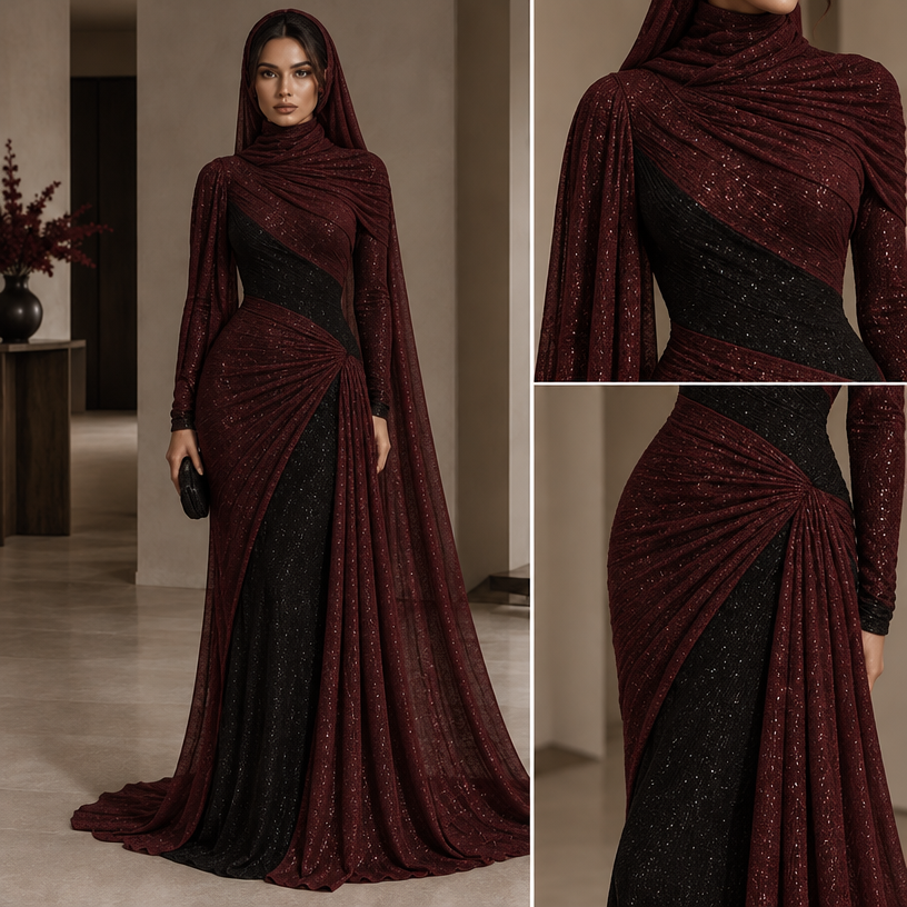 Can u remove the circle thing on the waist and on the shoulder also the color make it maroon sparkly dress with black on some parts and can u the dress come with qimar on the head
edit the attached fashion design with these instructions: Can u remove the circle thing on the waist and on the shoulder also the color make it maroon sparkly dress with black on some parts and can u the dress come with qimar on the head. keep it photorealistic, just the design no text