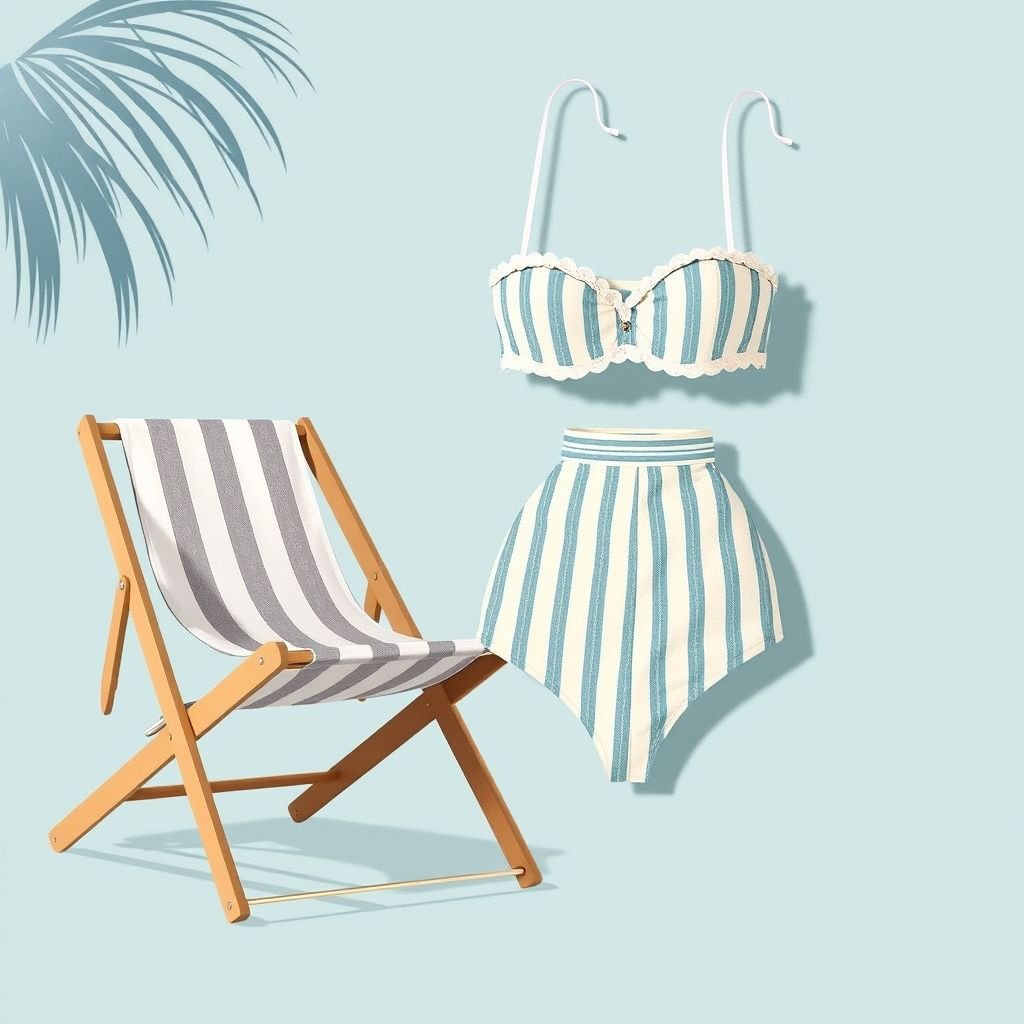 Two pieces swimwear with thin stripes inspired by chairs influencer
Design a vintage-inspired two-piece swimwear set, featuring delicate, thin stripes reminiscent of classic beachside striped lounge chairs. Incorporate elements like high-waisted bottoms and a bustier top with sweetheart neckline, adorned with retro scalloped edges. Use a palette of soft pastel colors to evoke a nostalgic summer vibe suitable for 1950s seaside glamour.