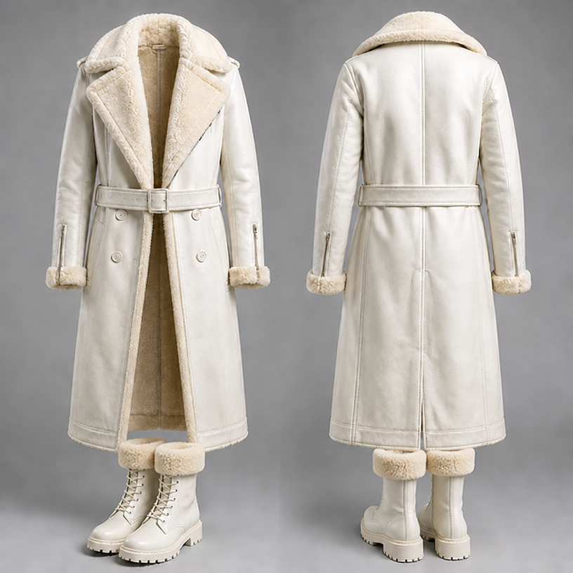 Put the fur around the cuff of the boots Shearling fur
edit the attached fashion design with these instructions: Put the fur around the cuff of the boots Shearling fur. keep it photorealistic, just the design no text