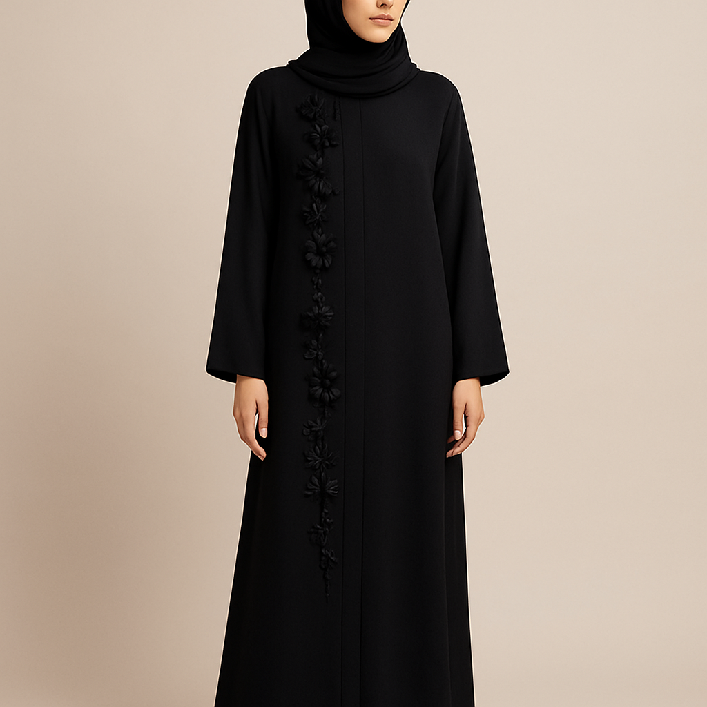 The Classic Floral Side-Line Abaya
Tone: Jet Black Design: A straight line of delicate 3D flowers + stones running down one side only. Why it will sell: Very slimming, minimal, elegant — perfect for everyday + occasions.

The Classic Floral Side-Line Abaya
Tone: Jet Black Design: A straight line of delicate 3D flowers + stones running down one side only. Why it will sell: Very slimming, minimal, elegant — perfect for everyday + occasions.