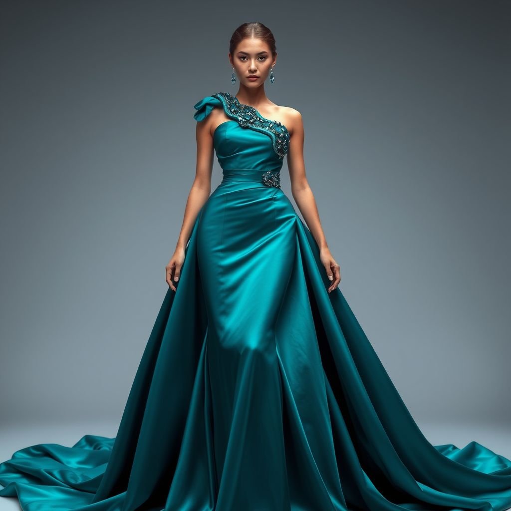 A beautiful gown that’s simple, flowing, elegant with a stunning structural art piece resembling a wave running from the shoulder to the bottom of the dress. Teal shiny blue fabric with all colors of blue crystal stones on the structured part. Make it more fitted and structured in the skirt part. Show the full front of the dress with the full details
Design a breathtaking haute couture gown in a stunning teal fabric that flows elegantly to the floor. Adorned with a sculptural wave detail cascading from the shoulder, the piece features intricate blue crystal embellishments that catch the light. The skirt is expertly tailored to create a fitted silhouette, enhancing the gown’s graceful movement. Highlight the full front view, showcasing the exquisite craftsmanship and luxurious fabric texture. Emphasize the artistry of haute couture through every meticulous detail, ensuring the gown is both a masterpiece and a statement of elegance.