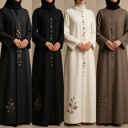 Create a modest chic abaya, the first of its kind, featuring a unique stone design that exudes a classy and sophisticated vibe. I'd like four designs, each showcasing different styles and fabrics. Incorporate high-end, unique chic stone designs to make them truly special. Add little sophisticated stone designsa and some touch of elite flower design.