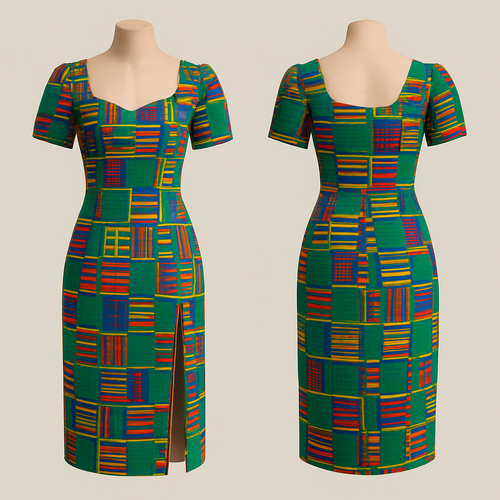Kente 
The neck should be sweetheart neck 
Ghana kaba and slit in the color patter of green blue and red 