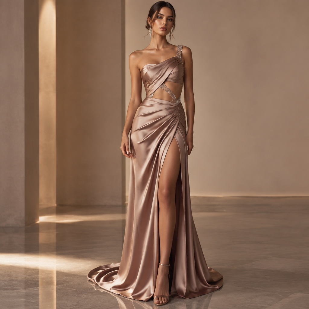 Luxury Wedding Guest Evening Dress, Glamorous High-End Couture, Elegant Feminine Silhouette, Sophisticated Midriff Cutout, High Thigh Slit, Luxurious Satin Fabric, Refined Crystal Details, Red Carpet Style, Modern and Classy. No ethnic motifs, no Arabic patterns, no traditional embroidery.
photorealistic fashion design, Luxury Wedding Guest Evening Dress, Glamorous High-End Couture, Elegant Feminine Silhouette, Sophisticated Midriff Cutout, High Thigh Slit, Luxurious Satin Fabric, Refined Crystal Details, Red Carpet Style, Modern and Classy. No ethnic motifs, no Arabic patterns, no traditional embroidery. , just the design no text