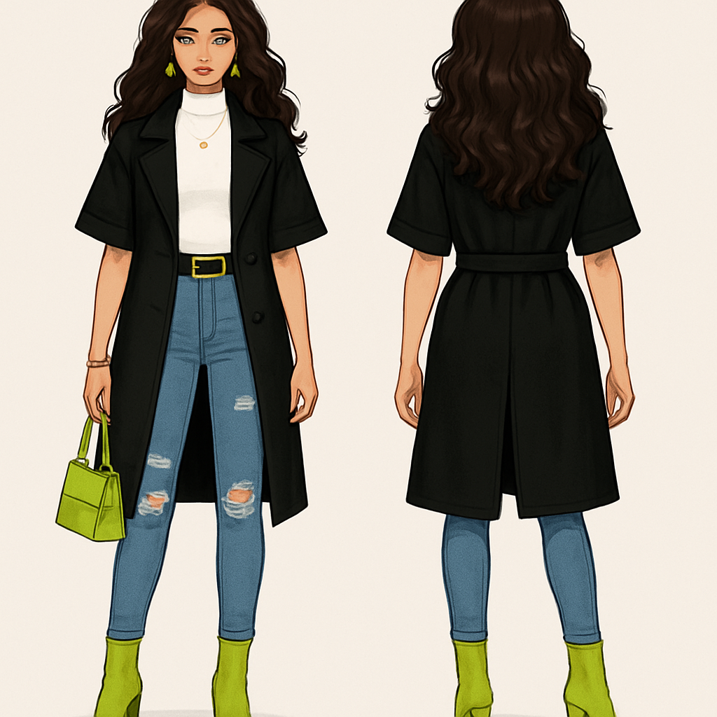 White turtleneck short sleeves black trench coat
Fitted ripped jeans
Gold belt on pants
Gold necklace
Lime Heel boots
Lime green earrings gold bracelet
Long curls
Lime green purse
White turtleneck short sleeves black trench coat
Fitted ripped jeans
Gold belt on pants
Gold necklace
Lime Heel boots
Lime green earrings gold bracelet
Long curls
Lime green purse , streetwear style, show front and back