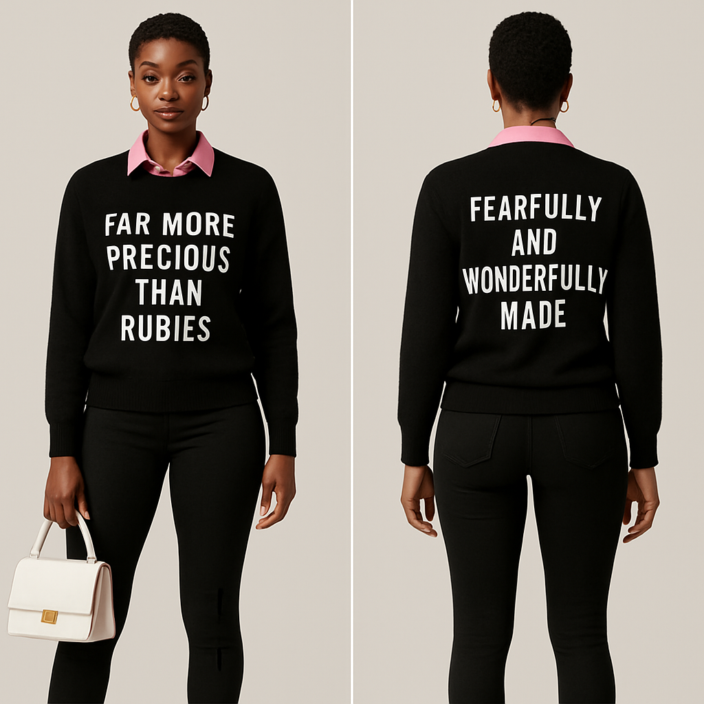 Black woman
Pixie cut
Pink collared shirt
Black sweater shirt says far more precious than rubies in white
On the back it says fearfully and wonderfully made in white
Tight black pants with 3 black crosses on them
Pink heels
White purse
Gold jewelry
Black woman
Pixie cut
Pink collared shirt
Black sweater shirt says far more precious than rubies in white
On the back it says fearfully and wonderfully made in white
Tight black pants with 3 black crosses on them
Pink heels
White purse
Gold jewelry
, show front and back