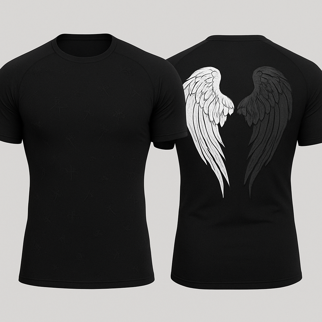 Black base short sleeve compression jujitsu rash guard shirt. 2 angle wings on the back, one white and the other dark gray. Make the wings kinda form a shape of a heart without making it too obnoxious so the wings look natural still 

Little less of a bear shape and make the wings come down almost to the bottom of the shit 

Can you make a design of what would look like shooting starts but a cross figure at the end of them. I want them embroidered all over other shirt and in a dark color that is a little lighter than the base black but I want it to be you can’t see it unless you look close 

Make the cross/starts a little bigger and make them go in multiple directions. Also make one wing white again 

Black base short sleeve compression jujitsu rash guard shirt. 2 angle wings on the back, one white and the other dark gray. Make the wings kinda form a shape of a heart without making it too obnoxious so the wings look natural still 

Little less of a bear shape and make the wings come down almost to the bottom of the shit 

Can you make a design of what would look like shooting starts but a cross figure at the end of them. I want them embroidered all over other shirt and in a dark color that is a little lighter than the base black but I want it to be you can’t see it unless you look close 

Make the cross/starts a little bigger and make them go in multiple directions. Also make one wing white again , emo style, show front and back