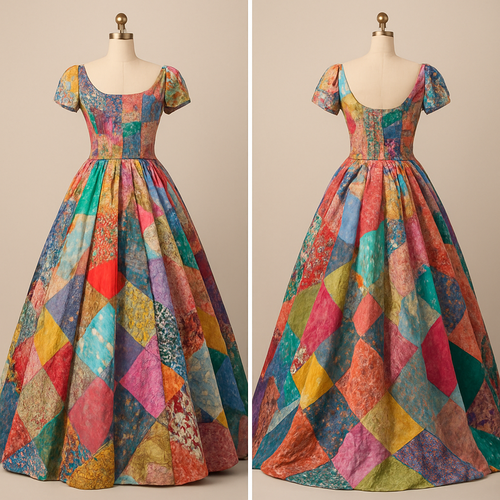 Create a colorful gown made from scrap fabric with iridescent touches