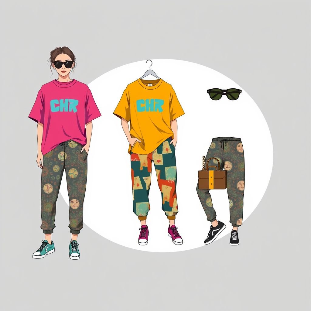 Bold fun colorful
Design a casual fashion ensemble featuring a bold, oversized graphic tee in vibrant colors, paired with relaxed-fit, eclectic-patterned joggers. Incorporate playful accessories like mismatched sneakers and statement sunglasses. The outfit exudes an effortlessly fun vibe, perfect for a day out, combining comfort with a splash of artistic flair.