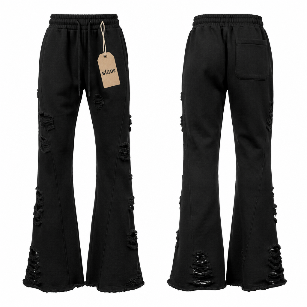 Black rich cotton joggers bottom with slave rippes and flared at the bottom like the gallery dept brand. With a logo as old skool paper card price tag with string loop with the word slave engraved on price tag
photorealistic fashion design, Black rich cotton joggers bottom with slave rippes and flared at the bottom like the gallery dept brand. With a logo as old skool paper card price tag with string loop with the word slave engraved on price tag
, just the design no text, show front and back