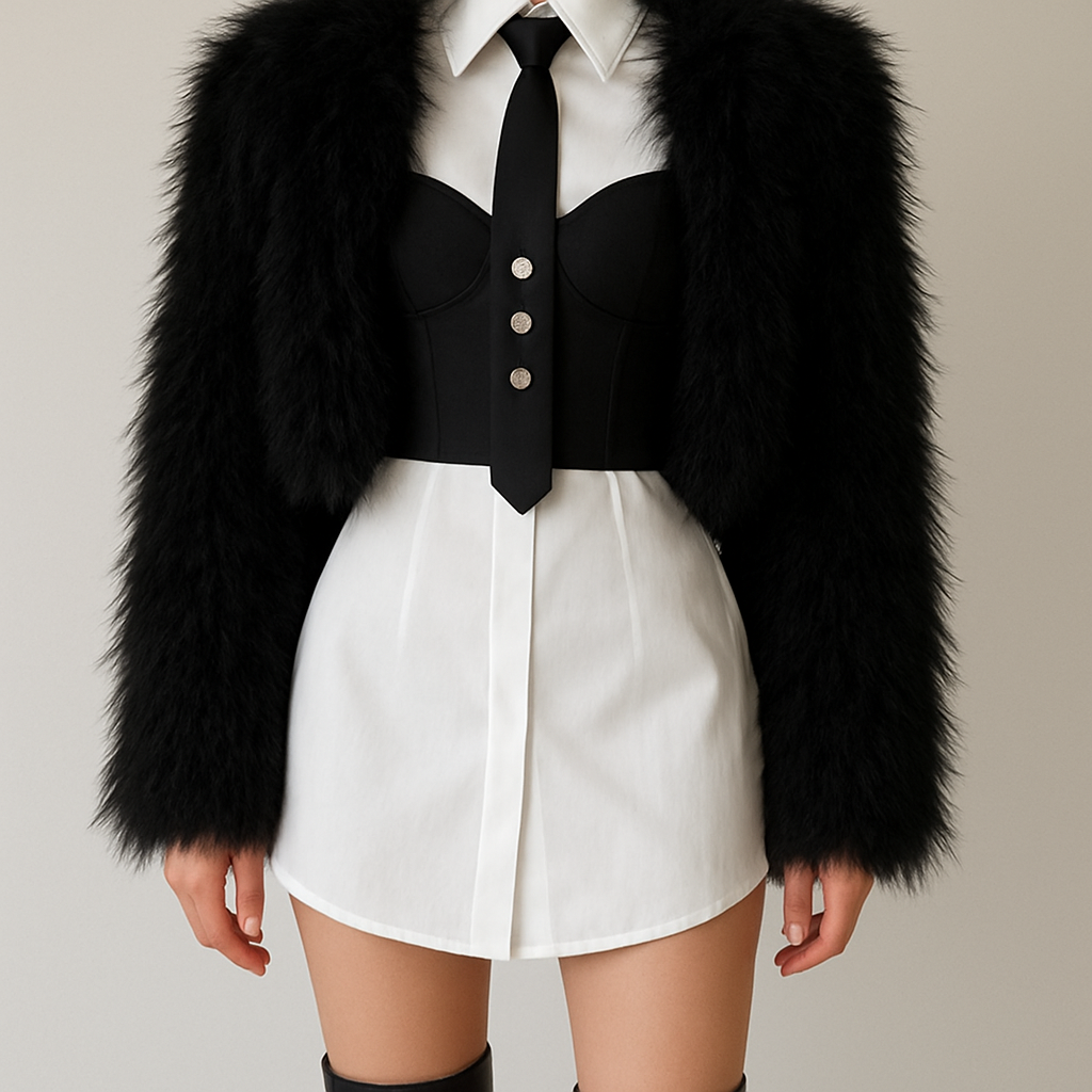 Can you do a white fitted shirt dress with a large collar, with a black slightly crop corset top with thin straps over it, and a black tie with knee high boots
Longer corset with cup details and the shirt dress slightly shorter coming down in a slight v shape at the front and three big jewels going down vertically on the tie
Remove lines on shirt and hide buttons
Shirt slightly shorter
Can you put a crop black furry faux jacket over it
Jacket more fluffy and boxy
Perfect just jacket more fluffy longer fluff hairs
Can you do a white fitted shirt dress with a large collar, with a black slightly crop corset top with thin straps over it, and a black tie with knee high boots
Longer corset with cup details and the shirt dress slightly shorter coming down in a slight v shape at the front and three big jewels going down vertically on the tie
Remove lines on shirt and hide buttons
Shirt slightly shorter
Can you put a crop black furry faux jacket over it
Jacket more fluffy and boxy
Perfect just jacket more fluffy longer fluff hairs