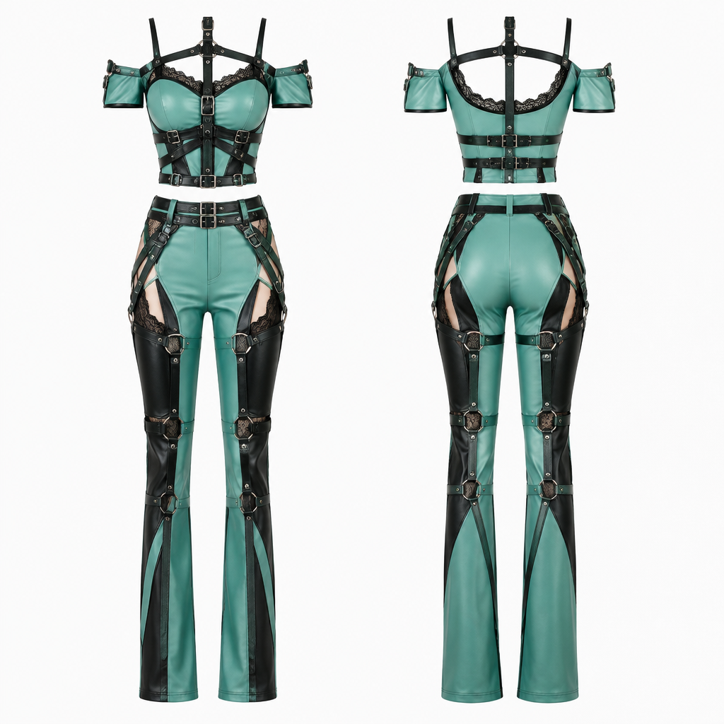 photorealistic fashion design, photorealistic fashion design, A Female Top design, with a sleek, smooth finish, with a Fitted silhouette, for Casual, suitable for Summer, suited to a Temperate climate, in Experimental + Glamorous + Cotton style, shown on a model with fair skin and a slim figure. Sexy black leather with buckles, slits and black lace. Green top and pants. Off the shoulder with a strap. Tight top and pants. Boot cut pants. Futuristic space design. Present it as professional fashion catalogue photography: the garment is the subject, shown full-length with editorial styling, neutral posing and tasteful, non-suggestive framing., experimental style, just the design no text, show front and back. Refinement: Aqua green, no flare pants, more straps, more lace, more skin showing. , just the design no text. Refinement: Aqua green, butt and chest covered, more black leather, lace trim on top.
photorealistic fashion design, photorealistic fashion design, photorealistic fashion design, A Female Top design, with a sleek, smooth finish, with a Fitted silhouette, for Casual, suitable for Summer, suited to a Temperate climate, in Experimental + Glamorous + Cotton style, shown on a model with fair skin and a slim figure. Sexy black leather with buckles, slits and black lace. Green top and pants. Off the shoulder with a strap. Tight top and pants. Boot cut pants. Futuristic space design. Present it as professional fashion catalogue photography: the garment is the subject, shown full-length with editorial styling, neutral posing and tasteful, non-suggestive framing., experimental style, just the design no text, show front and back. Refinement: Aqua green, no flare pants, more straps, more lace, more skin showing. , just the design no text. Refinement: Aqua green, butt and chest covered, more black leather, lace trim on top. , just the design no text
