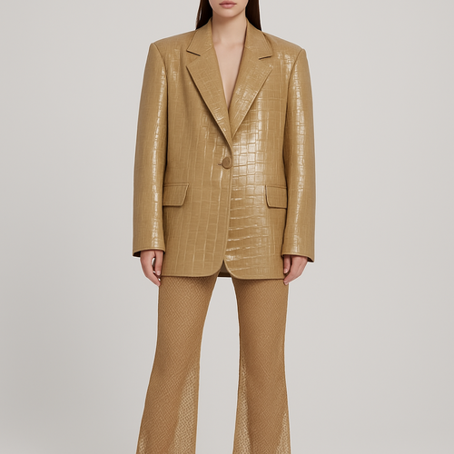 Can you make a leather oversized blazer crocodile print coming to the mid thigh in olive green with shoulder pads
Can you change it to high gloss shine and a lighter shade of olive and show it on a model with bare legs
Can you make the crocodile print more detailed and change the shade to a more shade green and pair it with the same colour mesh trousers
Can you change the colour to cherry red with matching mesh trousers that have a faint snake print design
Can you make the blazer more oversized and a deeper shade of red closer to wine and the trousers looser
Can you show the image in full length with mesh snakeskin flares
Can you change the whole outfit colour to beige