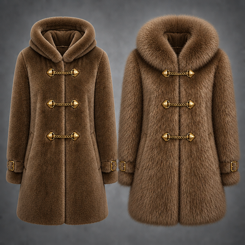 Same two coats one fox fur the other mink fur I want them in the color very dark beige brown
edit the attached fashion design with these instructions: Same two coats one fox fur the other mink fur I want them in the color very dark beige brown. keep it photorealistic, just the design no text