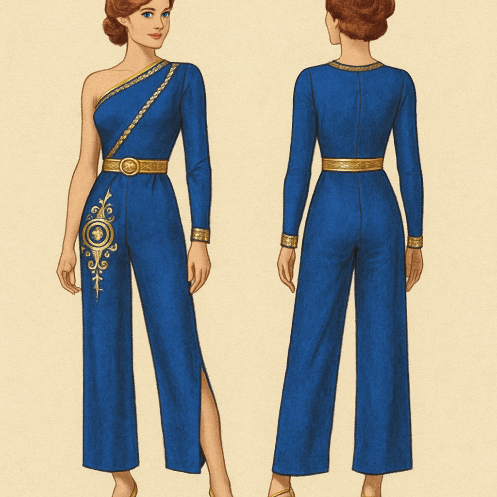 Jumpsuit royalblue with gold and Perl’s one leg not covering and the other yes
Jumpsuit royalblue with gold and Perl’s one leg not covering and the other yes
, vintage style, show front and back