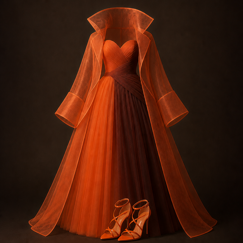 Add tangerine patent leather pointy toe toe out sandal
edit the attached fashion design with these instructions: Add tangerine patent leather pointy toe toe out sandal. keep it photorealistic, just the design no text