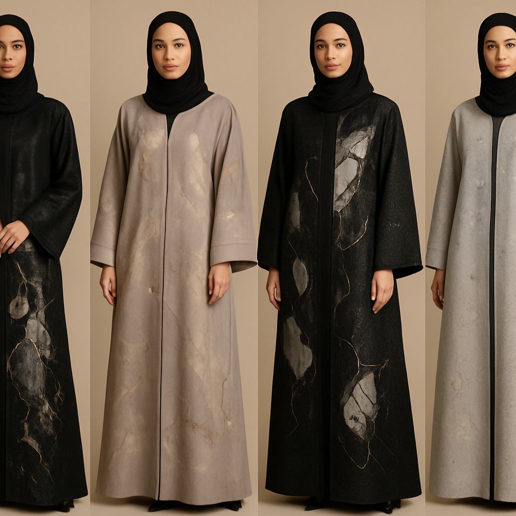 Create a modest abaya, the first of its kind, featuring a unique stone design that exudes a classy and sophisticated vibe. I'd like four designs, each showcasing different styles and fabrics. Incorporate high-end, unique chic stone designs to make them truly special. Add little sophisticated stone designs.

Create a modest abaya, the first of its kind, featuring a unique stone design that exudes a classy and sophisticated vibe. I'd like four designs, each showcasing different styles and fabrics. Incorporate high-end, unique chic stone designs to make them truly special. Add little sophisticated stone designs.