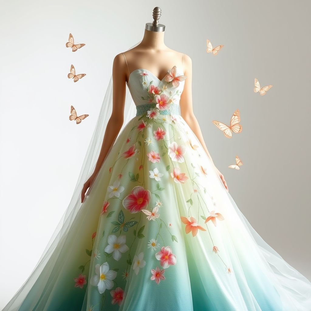 Create an elegant dress using flowers and butterflies
Design a stunning gown made from ethereal fabrics, featuring a flowing silhouette adorned with hand-painted floral motifs cascading from the bodice to the hem. Delicate, translucent butterfly appliqués flutter across the dress, creating a whimsical effect. Embrace pastel hues to evoke a dreamy garden, blending nature's beauty with high fashion sophistication.
