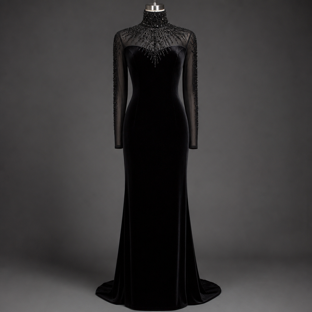 A timeless black velvet evening dress designed for effortless sophistication. The sleek silhouette follows the body's natural lines while maintaining a refined and modest elegance. The high neckline is richly decorated with jet-black crystals and intricate beadwork, creating a subtle yet luxurious sparkle. Long fitted sleeves crafted from velvet and sheer mesh provide texture and depth. The tailored construction emphasizes clean lines and exceptional proportions, resulting in a dress that feels both classic and contemporary.
photorealistic fashion design, A timeless black velvet evening dress designed for effortless sophistication. The sleek silhouette follows the body's natural lines while maintaining a refined and modest elegance. The high neckline is richly decorated with jet-black crystals and intricate beadwork, creating a subtle yet luxurious sparkle. Long fitted sleeves crafted from velvet and sheer mesh provide texture and depth. The tailored construction emphasizes clean lines and exceptional proportions, resulting in a dress that feels both classic and contemporary., just the design no text