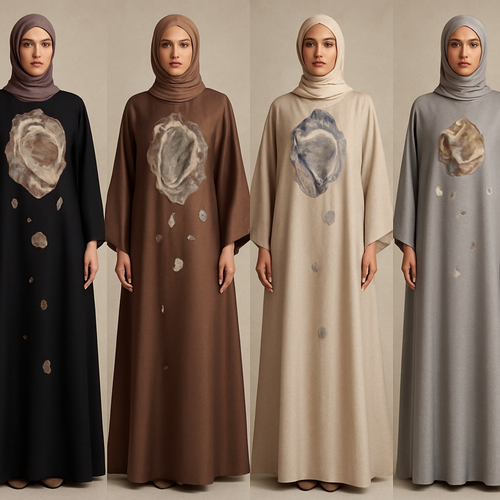Create a modest boubou, the first of its kind, featuring a unique stone design that exudes a classy and sophisticated vibe. I'd like four designs, each showcasing different styles and fabrics. Incorporate high-end, unique chic stone designs to make them truly special. Add little sophisticated stone designs.