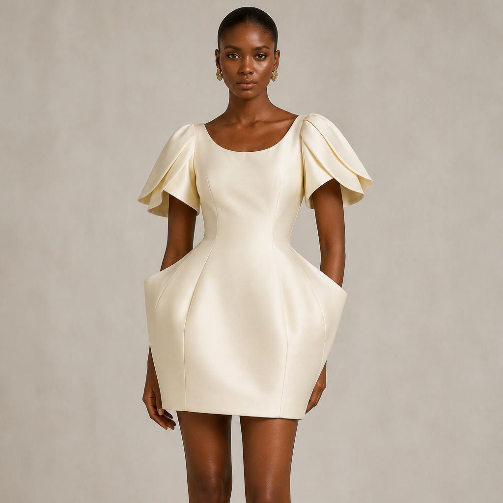 A Female Dress design, suitable for Summer. short cream mikado dress, scoop neck, tulip sleeve with a padded hip. Nigeria fashion aesthetics.
photorealistic fashion design, A Female Dress design, suitable for Summer. short cream mikado dress, scoop neck, tulip sleeve with a padded hip. Nigeria fashion aesthetics., just the design no text