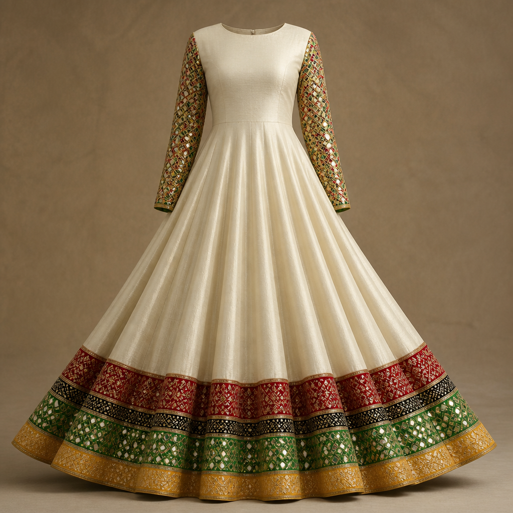 photorealistic fashion design, A Female Dress design. Ivory colour raw silk Anarkali with full sleeves..give mustard yellow brocade border of 3 inches at the bottom of the anarkali and anove it bright green mirror work border of 5 inches and above it black katha work border of 2 inches and above it bright reddish maroon border with katha work of 6 inches...Give a heavy flare to the anarkali and sleeves should have full katha mirror work in the colours of the borders used at the bottom of the anarkali. Design with modest coverage., just the design no text. Refinement: The sleeves should have only full mirror work in the colours of the borders used
photorealistic fashion design, photorealistic fashion design, A Female Dress design. Ivory colour raw silk Anarkali with full sleeves..give mustard yellow brocade border of 3 inches at the bottom of the anarkali and anove it bright green mirror work border of 5 inches and above it black katha work border of 2 inches and above it bright reddish maroon border with katha work of 6 inches...Give a heavy flare to the anarkali and sleeves should have full katha mirror work in the colours of the borders used at the bottom of the anarkali. Design with modest coverage., just the design no text. Refinement: The sleeves should have only full mirror work in the colours of the borders used, just the design no text