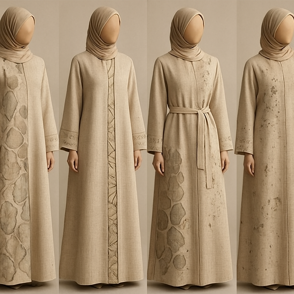 Create a modest two-piece linen abaya, the first of its kind, featuring a unique stone design that exudes a classy and sophisticated vibe. I’d like four designs, each showcasing different styles and fabrics. Incorporate high-end, unique chic stone designs to make them truly special. Add little sophisticated stone designs.

Create a modest two-piece linen abaya, the first of its kind, featuring a unique stone design that exudes a classy and sophisticated vibe. I’d like four designs, each showcasing different styles and fabrics. Incorporate high-end, unique chic stone designs to make them truly special. Add little sophisticated stone designs.