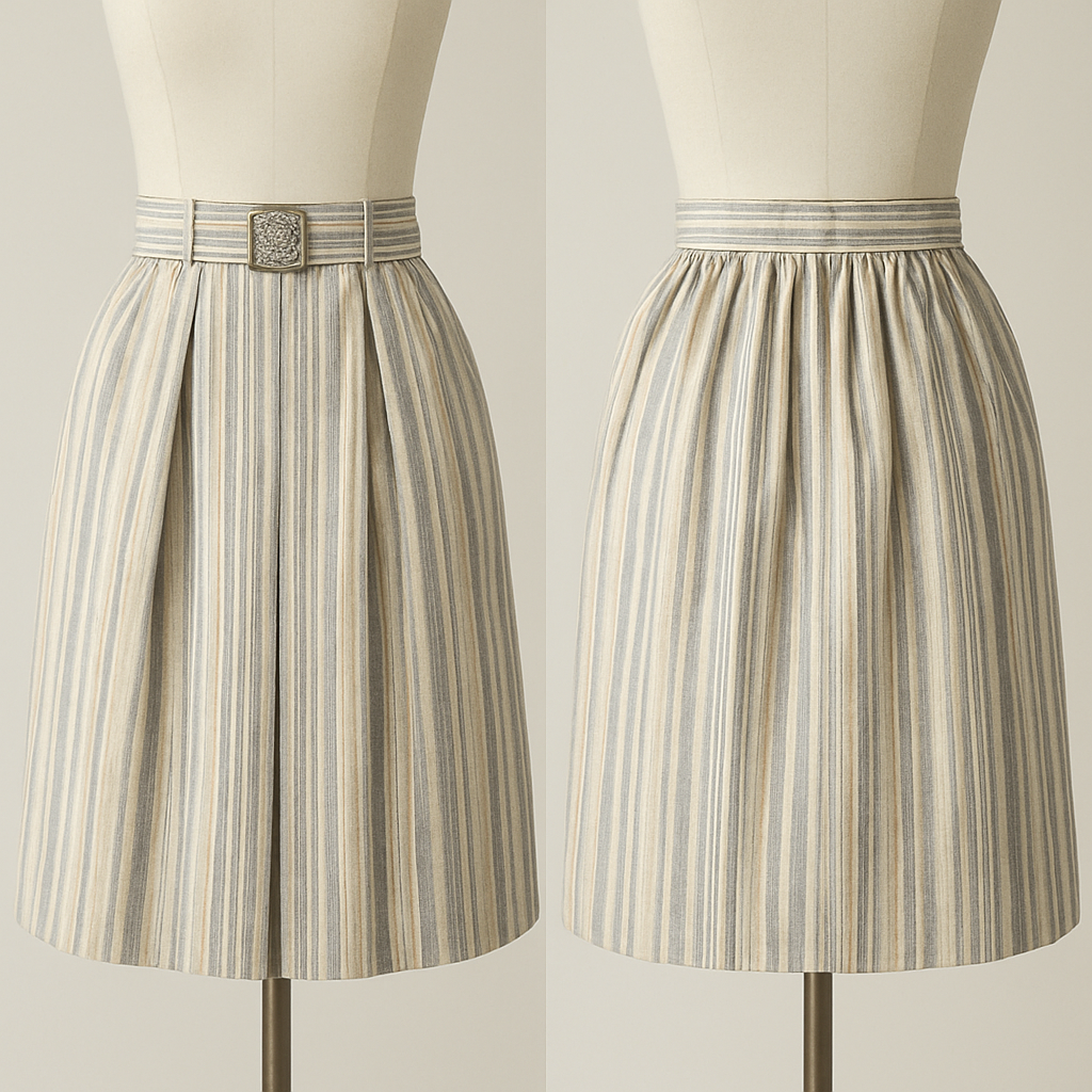 A skirt made of striped cotton fabric. A skirt with a fitted waist line. The back is gathered and the front has two box pleats it has a belt
A skirt made of striped cotton fabric. A skirt with a fitted waist line. The back is gathered and the front has two box pleats it has a belt , middle_eastern style, show front and back