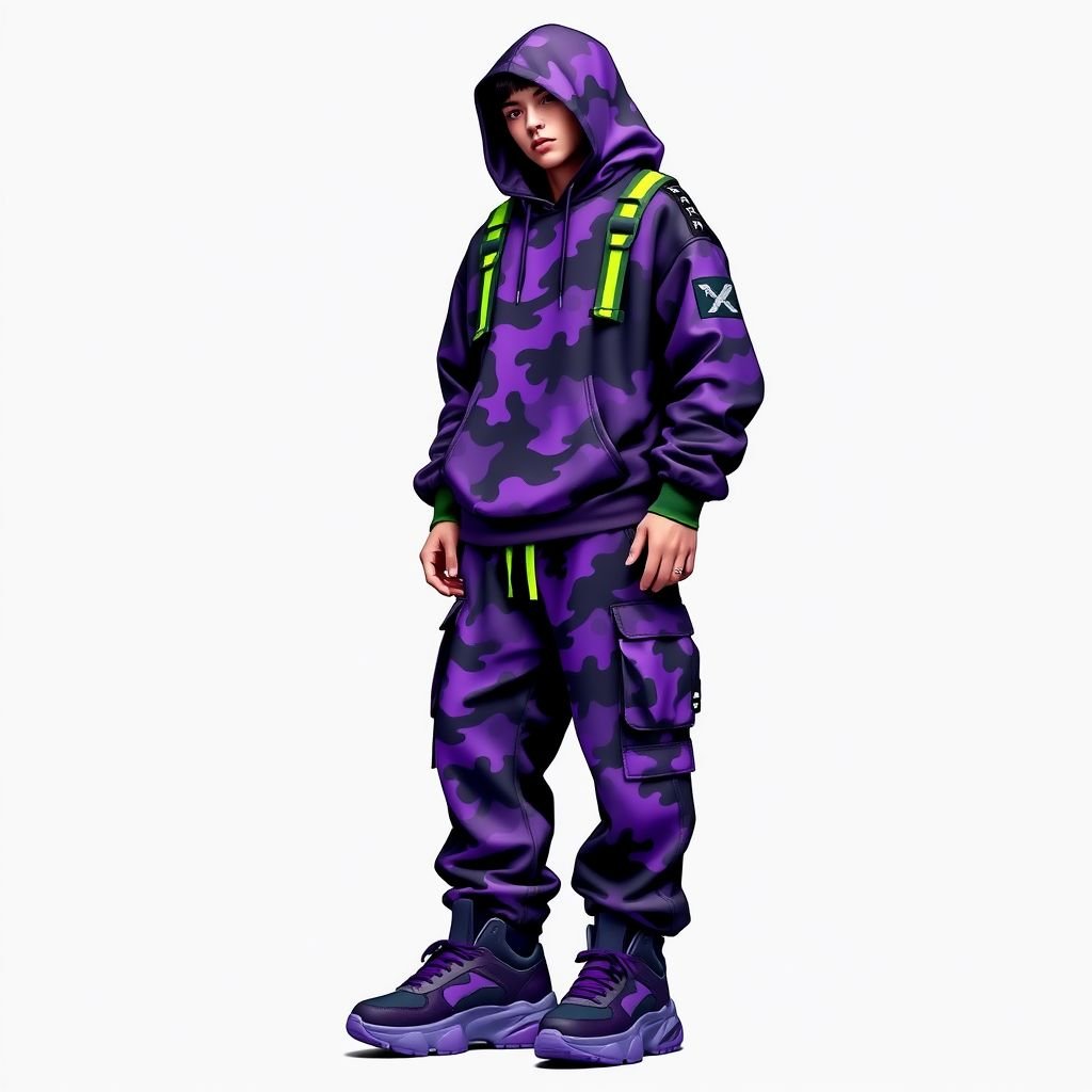 Purple camo sneakers. Give it a 90’s YK2 look.
Design an oversized streetwear hoodie featuring vibrant purple camouflage patterns, complete with a sleek, high-collared silhouette. Pair it with baggy cargo pants adorned with reflective straps and oversized pockets. Finish the look with chunky purple camo sneakers, adding bold, metallic accents for that iconic 90s YK2 vibe, embodying retro-futurism.