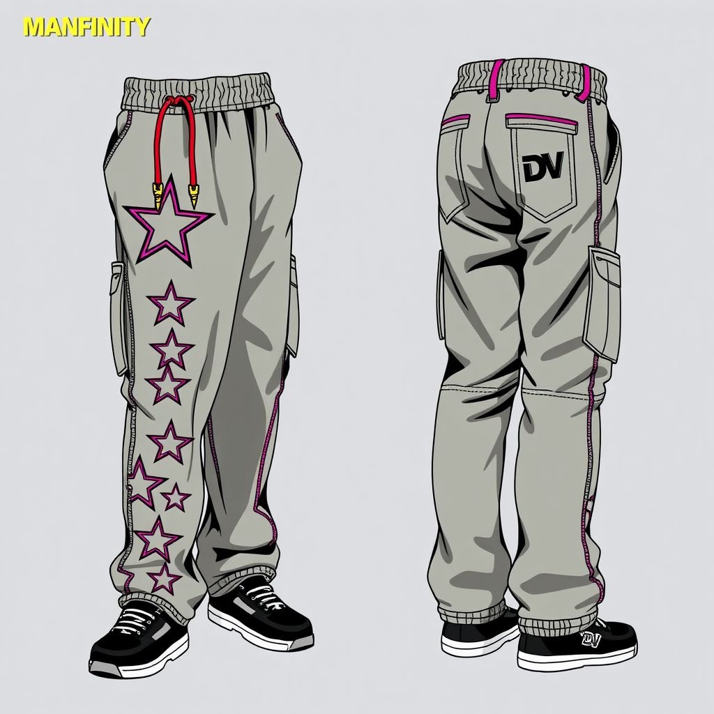 Manfinity Hypemode Men Loose Embroidery Star Contrast Piping Pants. With “DV” on drawstring
Design a pair of oversized streetwear pants called "Manfinity Hypemode." Feature bold embroidered stars along the side, complemented by eye-catching contrast piping in vibrant colors. Incorporate a unique drawstring adorned with "DV" branding. Add multiple oversized pockets and a relaxed fit for an effortlessly cool vibe, perfect for urban rebels.