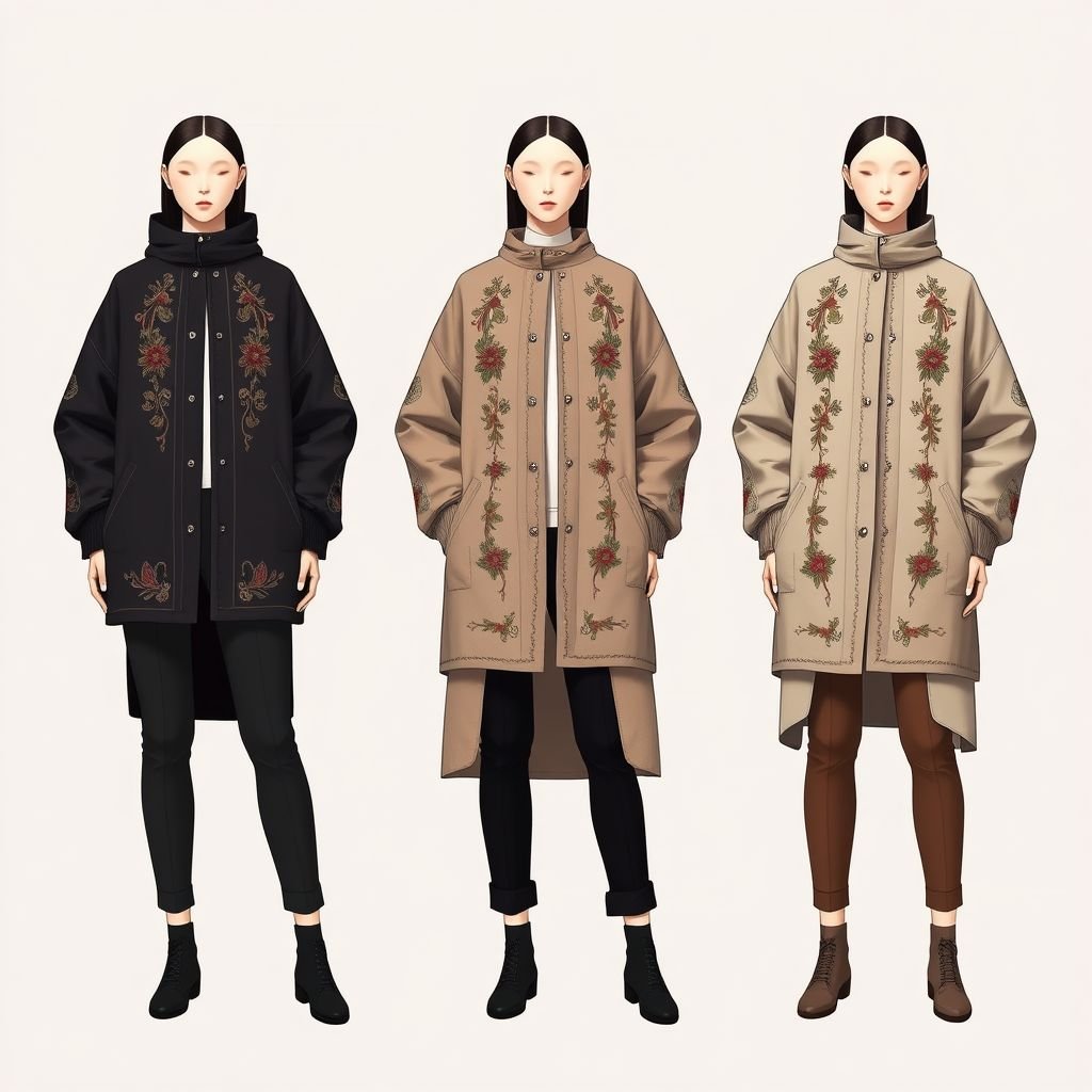 A bold blend of Kazakh traditional clothing and contemporary streetwear. Featuring oversized jackets inspired by “shapan”, modern silhouettes, and ornamental embroidery. Designed for fashion-forward youth who want to wear culture with pride.
Design a minimalist fashion collection that harmoniously merges Kazakh traditional “shapan” jackets with contemporary streetwear. Focus on clean lines and muted color palettes, incorporating oversized silhouettes adorned with subtle, elegant embroidery. Create pieces that reflect cultural heritage while prioritizing simplicity and functionality, appealing to style-conscious youth who value refined, modern expression.