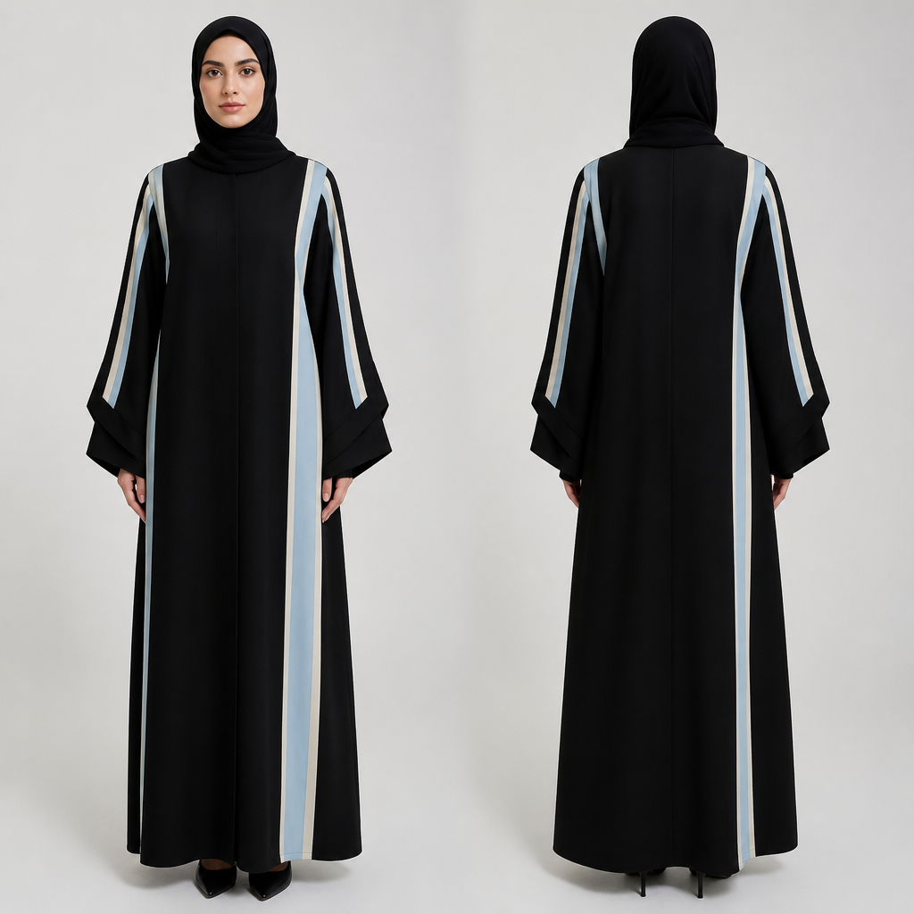 9. Luxury black abaya with soft baby-blue and ivory thin stripes running vertically from the shoulder to the sleeve, matching detail along one side, straight abaya cut, unique sleeve shape, youthful elegant university style, front and back view.
photorealistic fashion design, 9. Luxury black abaya with soft baby-blue and ivory thin stripes running vertically from the shoulder to the sleeve, matching detail along one side, straight abaya cut, unique sleeve shape, youthful elegant university style, front and back view., just the design no text, show front and back