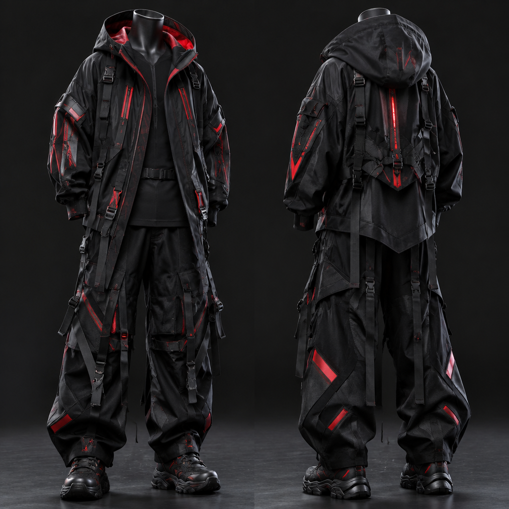 Acsvcr
photorealistic fashion design, Acsvcr
, cyberpunk style, just the design no text, show front and back