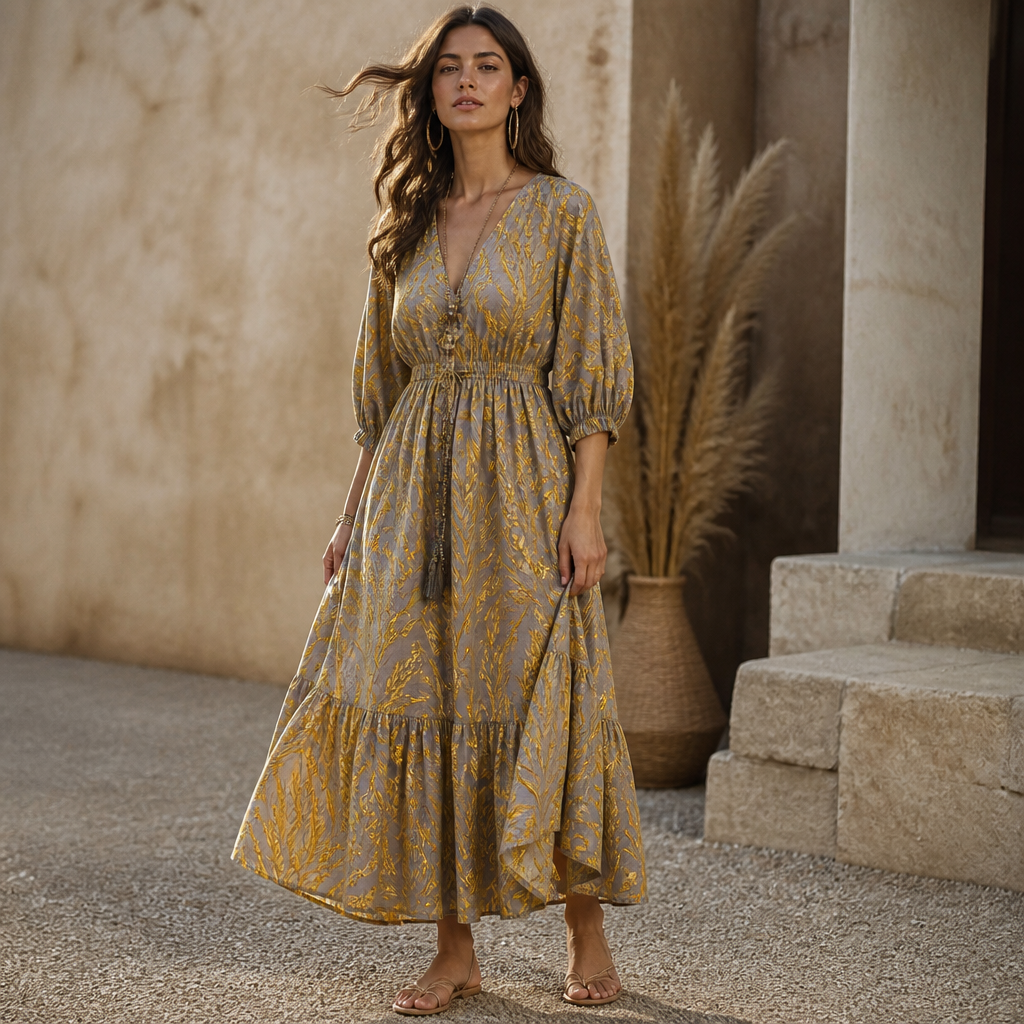 A Female Dress design, suitable for Summer, in Bohemian style. A French-length summer dress made of a yellow and gray mixed fabric. The dress has a pattern of yellow wheat fields on a gray background. yA French-length summer dress made of a yellow and gray mixed fabric. The dress has a pattern of yellow wheat fields on a gray background.. UZ fashion aesthetics. Present it as professional fashion catalogue photography: the garment is the subject, shown full-length with editorial styling, neutral posing and tasteful, non-suggestive framing.
photorealistic fashion design, A Female Dress design, suitable for Summer, in Bohemian style. A French-length summer dress made of a yellow and gray mixed fabric. The dress has a pattern of yellow wheat fields on a gray background. yA French-length summer dress made of a yellow and gray mixed fabric. The dress has a pattern of yellow wheat fields on a gray background.. UZ fashion aesthetics. Present it as professional fashion catalogue photography: the garment is the subject, shown full-length with editorial styling, neutral posing and tasteful, non-suggestive framing., bohemian style, just the design no text