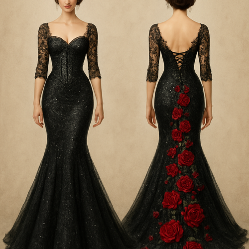 Mermaid wedding dress. Black lace with red roses cascading down the back. Long lace up corset back. Corset boning in the front of the top. 1/3 sleeves, sequins all over the dress.