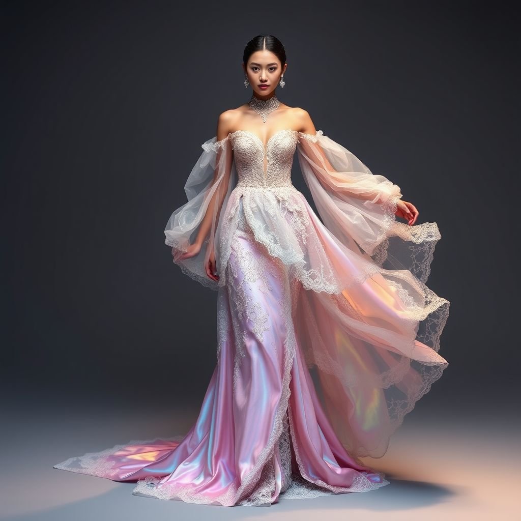 couture
Imagine a couture gown that embodies ethereal elegance, crafted from iridescent silk that shifts color with movement. The silhouette features a flowing, asymmetric hemline cascading into layers of delicate lace. Hand-embroidered luminescent crystals adorn the bodice, mimicking constellations, while oversized, sheer sleeves create a celestial, dreamlike presence for evening glamour.