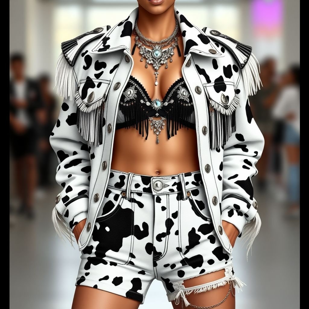 Cowboy Carter inspired jacket, shorts and bralette made with white and black cowhide print denim fabric. With fringes and stones. Make it similar to Beyonce's tour outfits for her country music. Add cutouts to the pockets of the shorts with fringes trims. Also make the cowhide prints larger with more white patches. Create a version with shoulder pads for the jacket, a little more structure
Design a bold streetwear outfit featuring a Cowboy Carter-inspired jacket, bralette, and shorts crafted from oversized white and black cowhide print denim. Amplify the look with dramatic fringes and metallic stones. Infuse edginess with structured shoulder pads in the jacket and intricate cutout pockets adorned with fringe trims. Perfect for a fierce, fashion-forward vibe reminiscent of Beyoncé's iconic tour outfits!