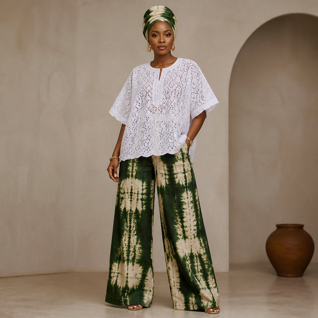 A wide legged trouser made with adire(tie-dye fabric) in color bottle green and cream with a top(more like a Yoruba man's native top not shirt) made with white dry lace and a Yoruba native cap made with stripped color asooke. All on a size 6 female body. Nigeria fashion aesthetics.
photorealistic fashion design, A wide legged trouser made with adire(tie-dye fabric) in color bottle green and cream with a top(more like a Yoruba man's native top not shirt) made with white dry lace and a Yoruba native cap made with stripped color asooke. All on a size 6 female body. Nigeria fashion aesthetics., just the design no text