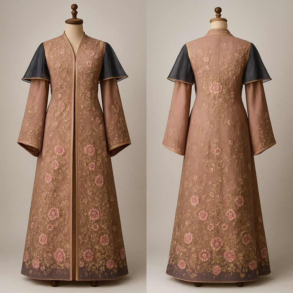 ‏‑
‏"Full‑length modern abaya with detachable shoulders Taif roses in rose colour and micro Kashmiri motifs, with pearls, delicate gold thread highlights, contrast navy organza, embroidery extends visibly to the ankle, shown on an elegant carved wooden mannequin, photorealistic, couture product photography style, crisp details, studio lighting, full‑length view."



‏‑
‏"Full‑length modern abaya with detachable shoulders Taif roses in rose colour and micro Kashmiri motifs, with pearls, delicate gold thread highlights, contrast navy organza, embroidery extends visibly to the ankle, shown on an elegant carved wooden mannequin, photorealistic, couture product photography style, crisp details, studio lighting, full‑length view."

, show front and back