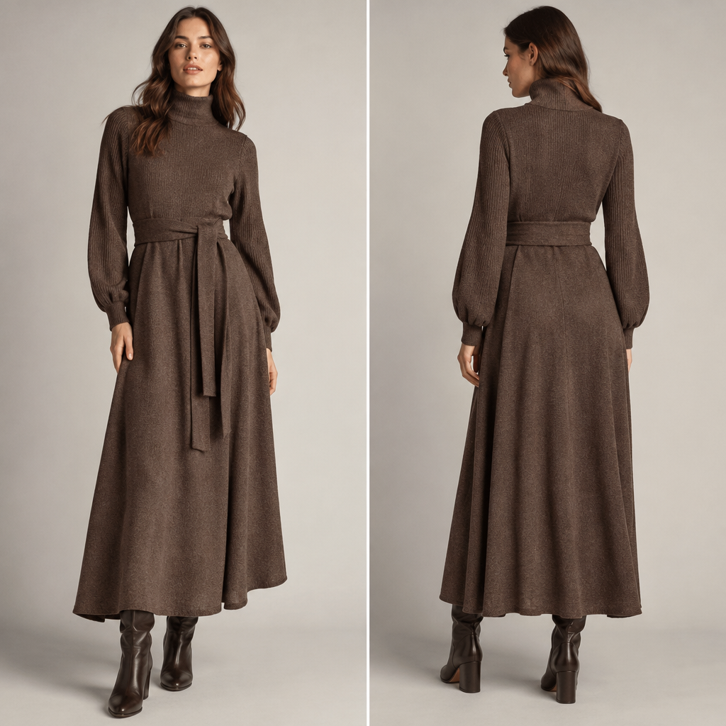 A Female Dress design, with modest, full coverage: longer hemlines, higher necklines and covered shoulders, suitable for Fall, shown on a model with a tall figure. Consider American fashion — diverse and trend-driven, casual-cool, athleisure influence, regional variety from NYC sophistication to LA relaxed. Current season is Autumn in United States. Present it as professional fashion catalogue photography: the garment is the subject, shown full-length with editorial styling, neutral posing and tasteful, non-suggestive framing.
photorealistic fashion design, A Female Dress design, with modest, full coverage: longer hemlines, higher necklines and covered shoulders, suitable for Fall, shown on a model with a tall figure. Consider American fashion — diverse and trend-driven, casual-cool, athleisure influence, regional variety from NYC sophistication to LA relaxed. Current season is Autumn in United States. Present it as professional fashion catalogue photography: the garment is the subject, shown full-length with editorial styling, neutral posing and tasteful, non-suggestive framing., just the design no text