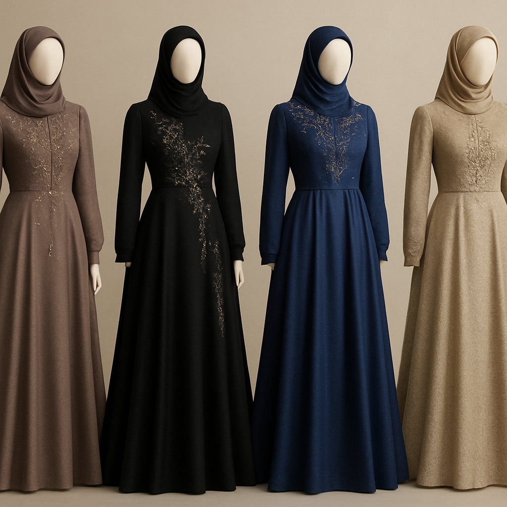 Create me modest dresses that's first in the world, using unique stone design, classy and sophisticated. Keep me 4 designs. Make them rich by adding minimal stone embroidery and stones designs. Showcasing different styles and fabric.
Create me modest dresses that's first in the world, using unique stone design, classy and sophisticated. Keep me 4 designs. Make them rich by adding minimal stone embroidery and stones designs. Showcasing different styles and fabric.