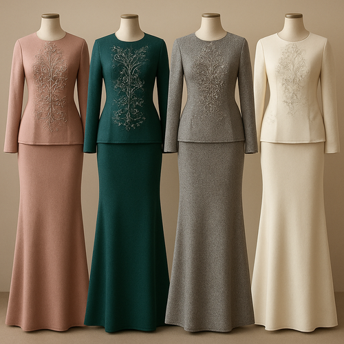 Create me modest two piece that's first in the world, using unique stone design, classy and sophisticated. Keep me 4 designs. Make them rich by adding minimal stone embroidery and stones designs. Showcasing different styles and fabric.