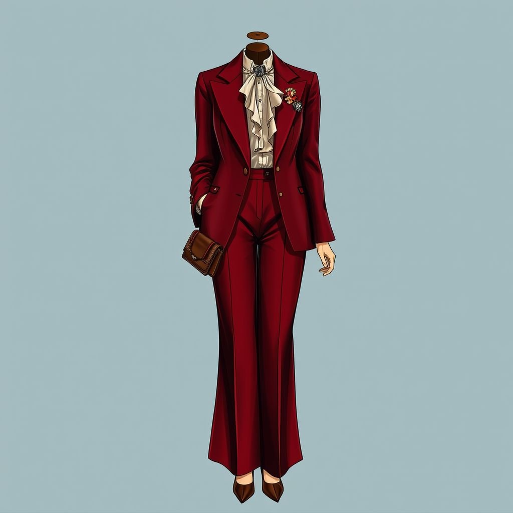 Afro chic wide leg
Design an elegant wide-leg trousers set in rich, deep hues reminiscent of classic haute couture. Pair with a tailored, structured blazer adorned with vintage brooches and delicate, subtle embroidery. Incorporate a flowing silk blouse with soft, romantic ruffles, and complete the look with timeless leather pumps and a vintage clutch.