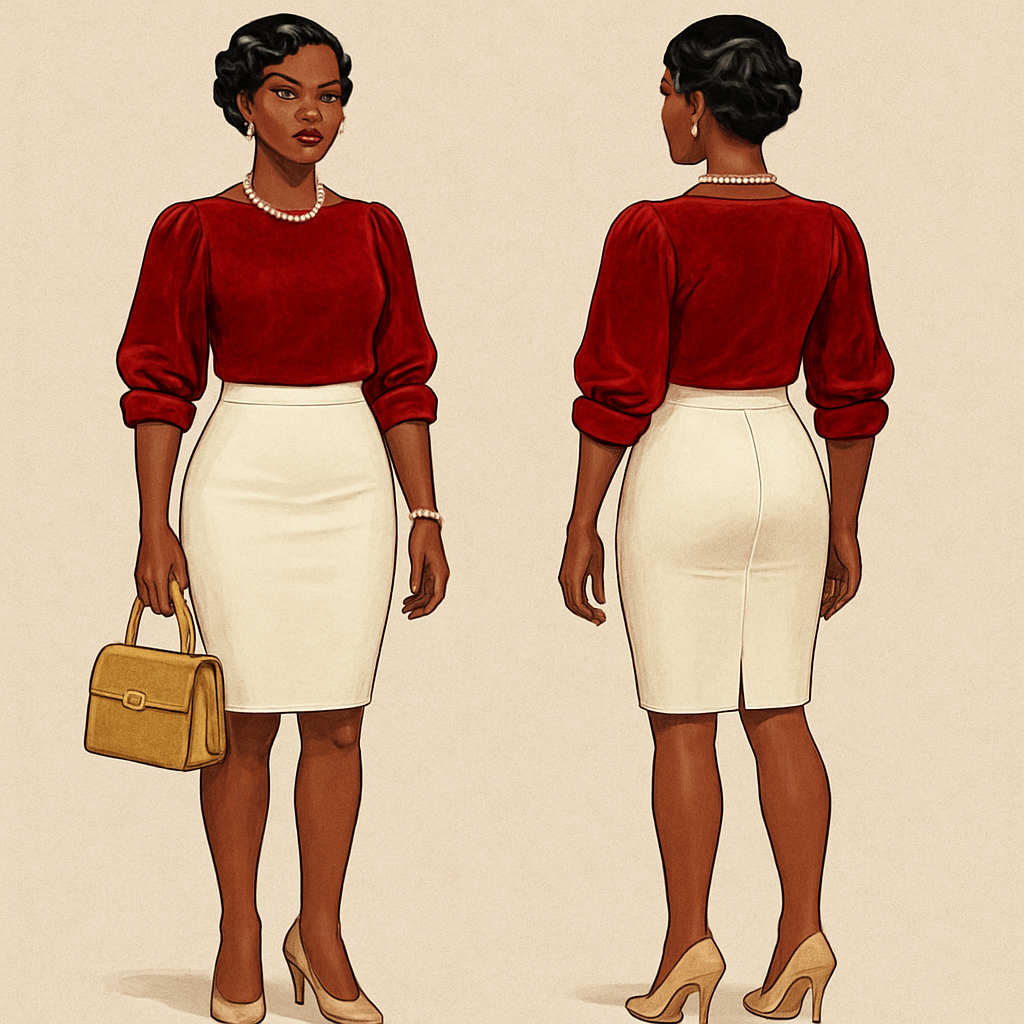 Black woman
Finger waves
Red velvet blouse sleeves rolled up
Tight white skirt
Beige heels
Gold handbag
Pearl necklace and bracelet
Gold earrings
Black woman
Finger waves
Red velvet blouse sleeves rolled up
Tight white skirt
Beige heels
Gold handbag
Pearl necklace and bracelet
Gold earrings
, streetwear style, show front and back